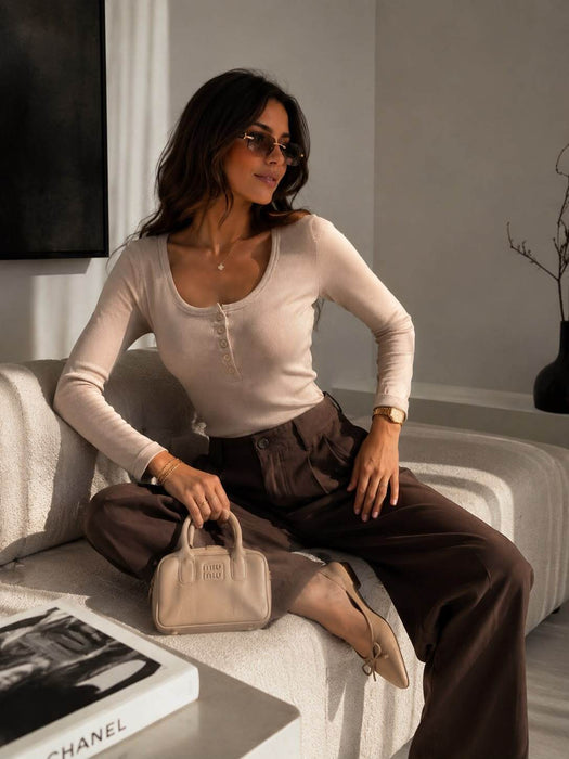 Basic Longsleve mit Knöpfen Beige
