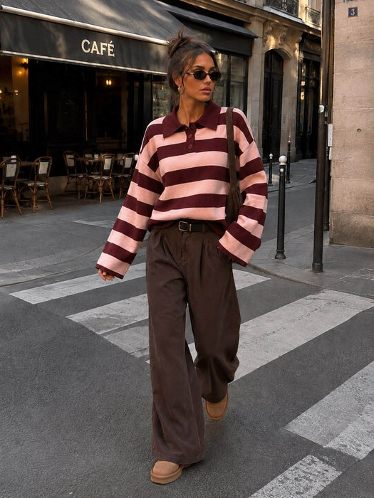 Strick-Polo gestreift Burgunder-Rosa