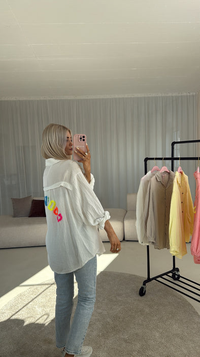 Musselinbluse Good Vibes Weiß ✨