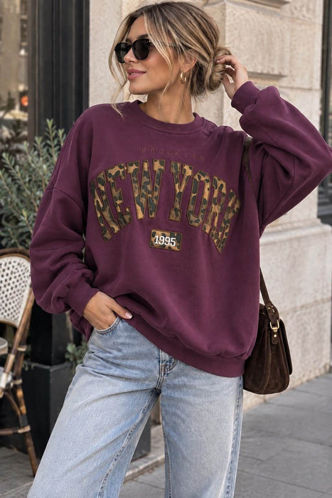 Sweater Aubergine New York Leo-Print