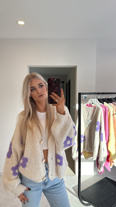 Cardigan Flowers Beige/Lila