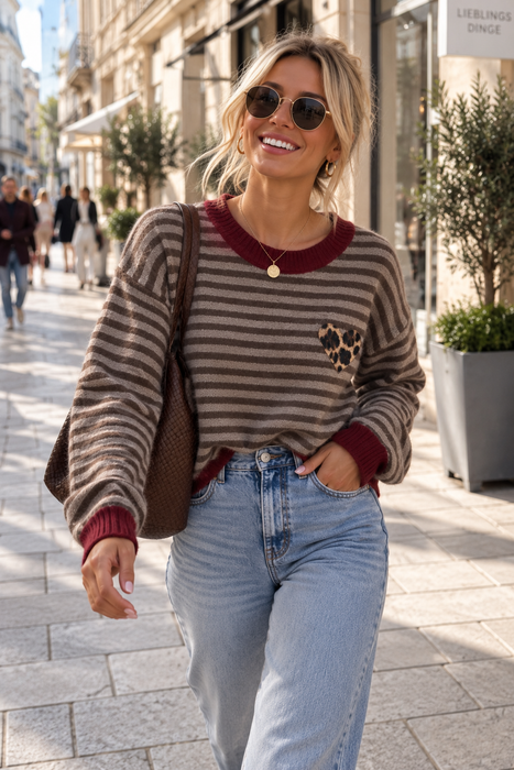 Pullover Stripes Heart Braun