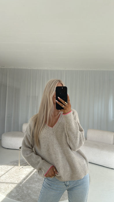 Pullover V - Ausschnitt Beige/Pink