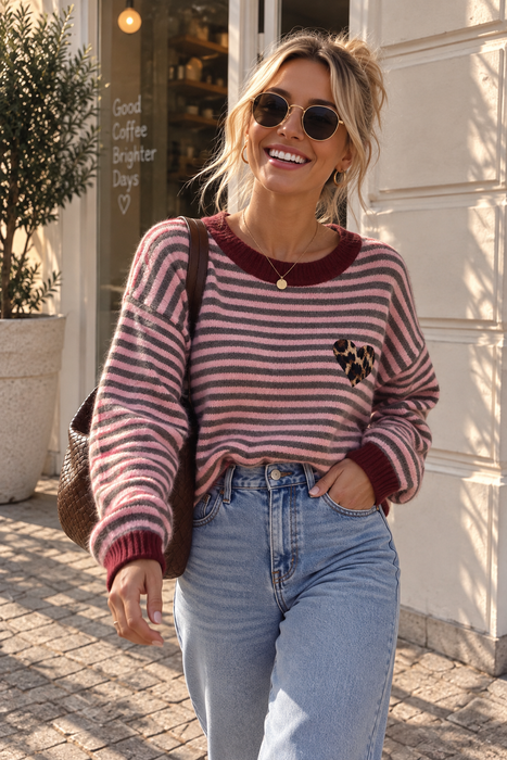 Pullover Stripes Heart Burgunder