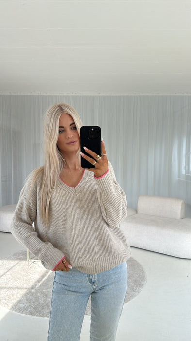 Pullover V - Ausschnitt Beige/Pink