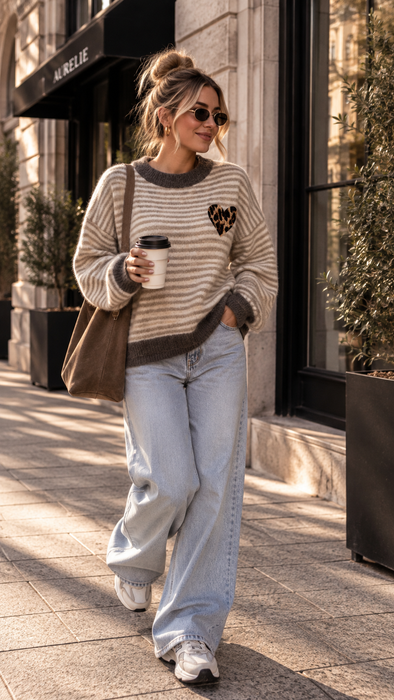 Pullover Stripes Heart Braun
