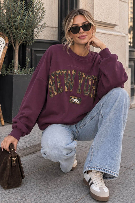 Sweater Aubergine New York Leo-Print