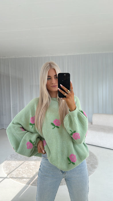 Weicher Strickpullover Green Flowers