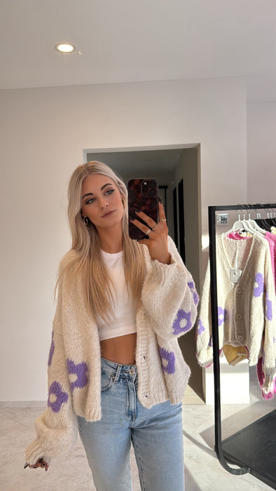 Cardigan Flowers Beige/Lila
