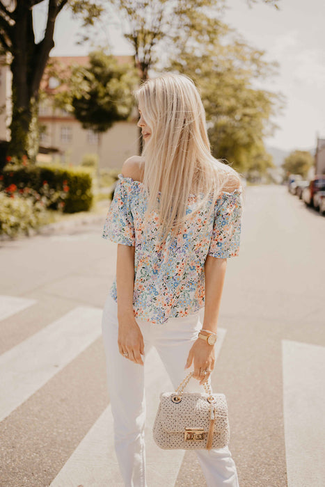 schulterfreie Bluse mit Blumenprint Off White