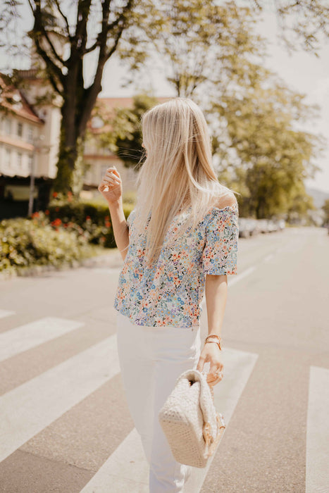 schulterfreie Bluse mit Blumenprint Off White