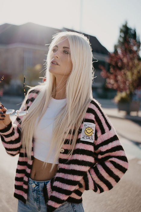 Cardigan Smiley Stripes Burgunder/Rosa
