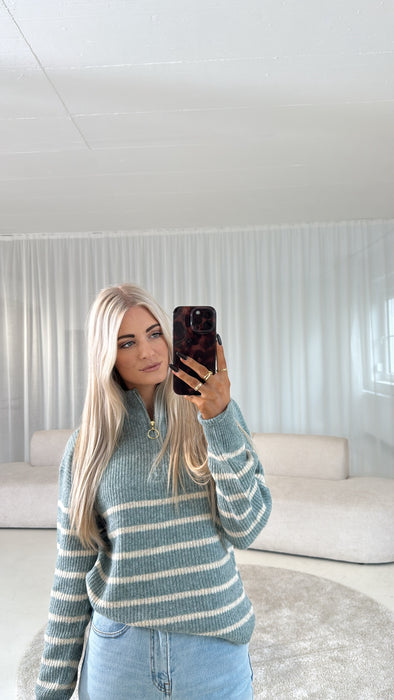 Strickpullover mit Zipper Aqua/Beige