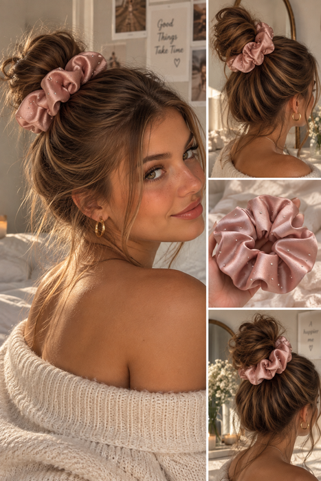 Satin-Scrunchie mit Glitzersteinen Rosa