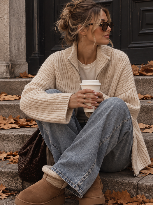 Zipper Strickjacke Beige