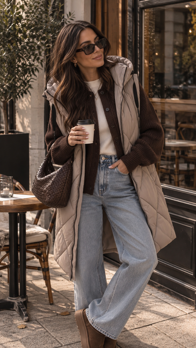 Maxi-Weste mit Kapuze Beige