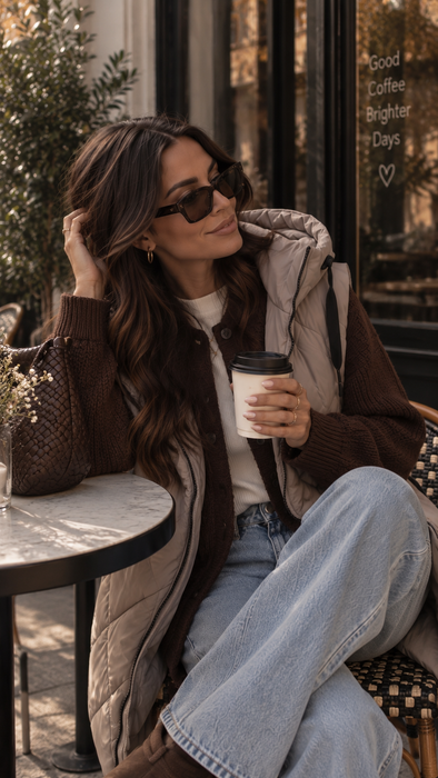 Maxi-Weste mit Kapuze Beige
