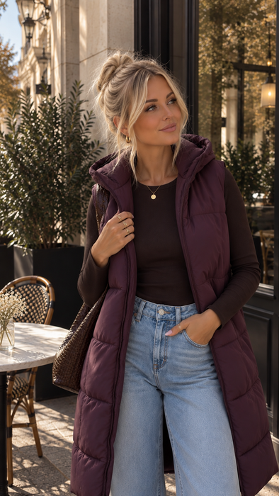 Maxi-Weste mit Kapuze Aubergine