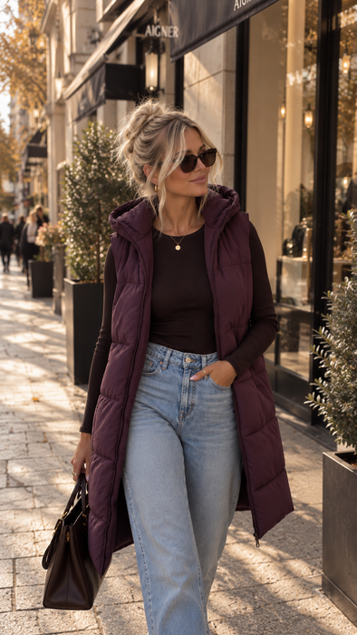 Maxi-Weste mit Kapuze Aubergine