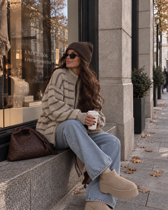 Zipper Strickjacke Stripes Beige-Taupe