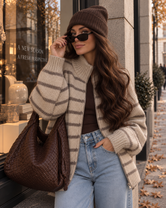 Zipper Strickjacke Stripes Beige-Taupe
