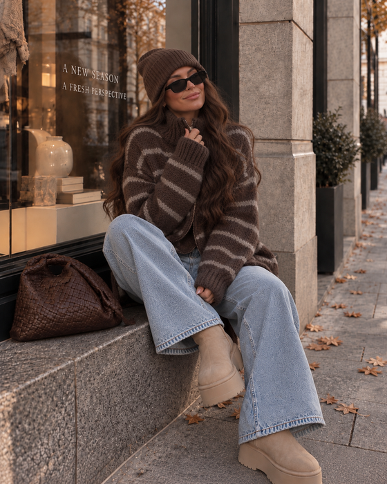 Zipper Strickjacke Stripes Braun-Taupe