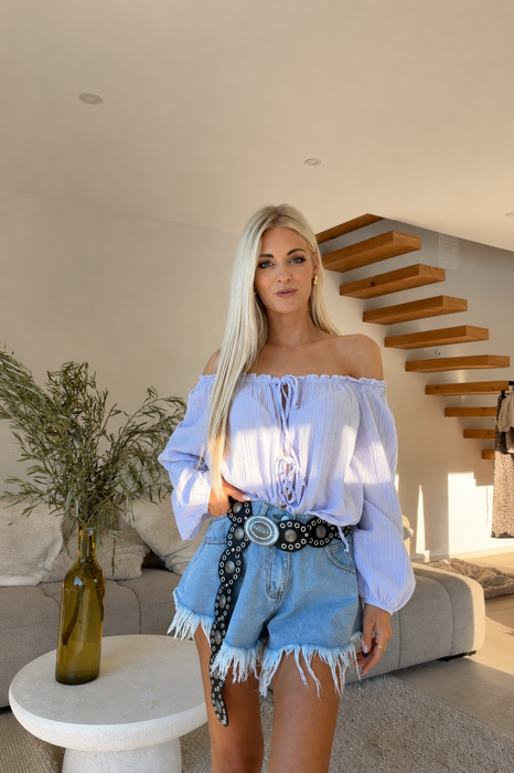 Musselinbluse Off Shoulder Lila Pastell