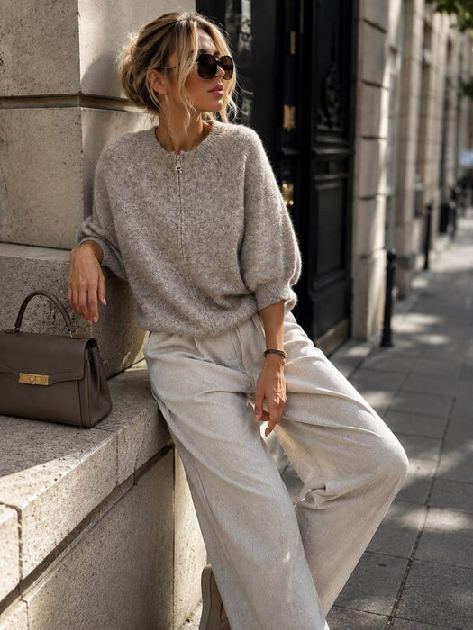 Strickjacke mit Reißverschluss Taupe